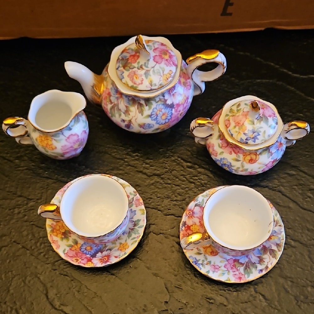 Mini Floral Porcelain Tea Set with Gold Trim - Pink, Blue, Yellow
